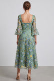 Dusty Sage A-Line Floral Square Neck Midi Formal Dress with Flare Sleeves