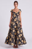 Black Gold Flower A-Line Square Neck Long Formal Dress with Cap Sleeves