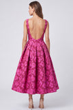 A-Line Fuchsia Bateau Neck Jacquard Backless Floral Midi Dress