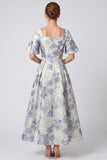 A-Line Dusty Blue Jacquard Square Neck Floral Maxi Dress with Short Sleeves