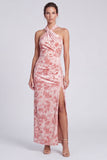 Pink Mermaid Velvet Halter Neck Maxi Floral Dress with Slit