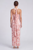 Pink Mermaid Velvet Halter Neck Maxi Floral Dress with Slit