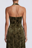 Halter Neck A-Line Olive Velvet Floral Long Formal Dress