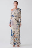 Ivory One Shoulder Floral Mermaid Long Formal Dress with Long Sleeves