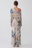 Ivory One Shoulder Floral Mermaid Long Formal Dress with Long Sleeves