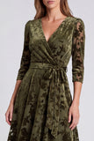 A-Line Olive Velvet V-Neck Midi Floral Dress with Belt