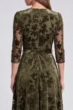 A-Line Olive Velvet V-Neck Midi Floral Dress with Belt