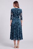 A-Line Olive Velvet V-Neck Midi Floral Dress with Belt