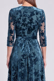A-Line Olive Velvet V-Neck Midi Floral Dress with Belt