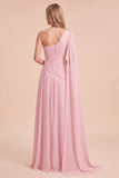 Light Pink One Shoulder Ruched A-Line Chiffon Maxi Dress with Cape