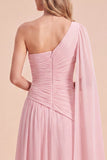 Light Pink One Shoulder Ruched A-Line Chiffon Maxi Dress with Cape