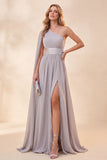 One Shoulder Light Grey A-Line Chiffon Maxi Dress with Slit