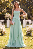 Strapless Mint Green A-Line Chiffon Ruched Maxi Dress