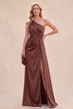 Chocolate One Shoulder Mermaid Ruched Maxi Dress with Slit