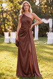 Chocolate One Shoulder Mermaid Ruched Maxi Dress with Slit