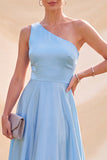 Sky Blue A-Line One Shoulder Satin Maxi Dress
