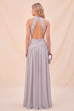 Halter Neck Light Grey A-Line Sequins Maxi Dress with Slit