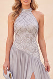 Halter Neck Light Grey A-Line Sequins Maxi Dress with Slit
