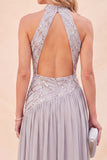 Halter Neck Light Grey A-Line Sequins Maxi Dress with Slit