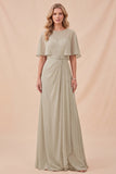 Taupe Chiffon A-Line Round Neck Maxi Dress with Belt