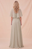 Taupe Chiffon A-Line Round Neck Maxi Dress with Belt
