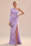 Light Purple One Shoulder Satin Ruched Mermaid Maxi Dress with Slit