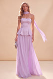 Light Purple Strapless A-Line Ruffled Chiffon Maxi Dress with Beading