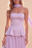 Light Purple Strapless A-Line Ruffled Chiffon Maxi Dress with Beading