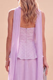 Light Purple Strapless A-Line Ruffled Chiffon Maxi Dress with Beading