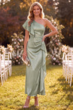 Dusty Sage One Shoulder Mermaid Ruffled Satin Maxi Dress with Beading