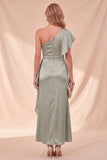 Dusty Sage One Shoulder Mermaid Ruffled Satin Maxi Dress with Beading