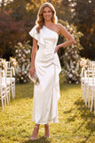 Dusty Sage One Shoulder Mermaid Ruffled Satin Maxi Dress with Beading