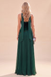 Halter Neck Dark Green A-Line Pleated Maxi Dress