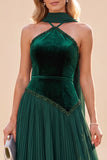 Halter Neck Dark Green A-Line Pleated Maxi Dress