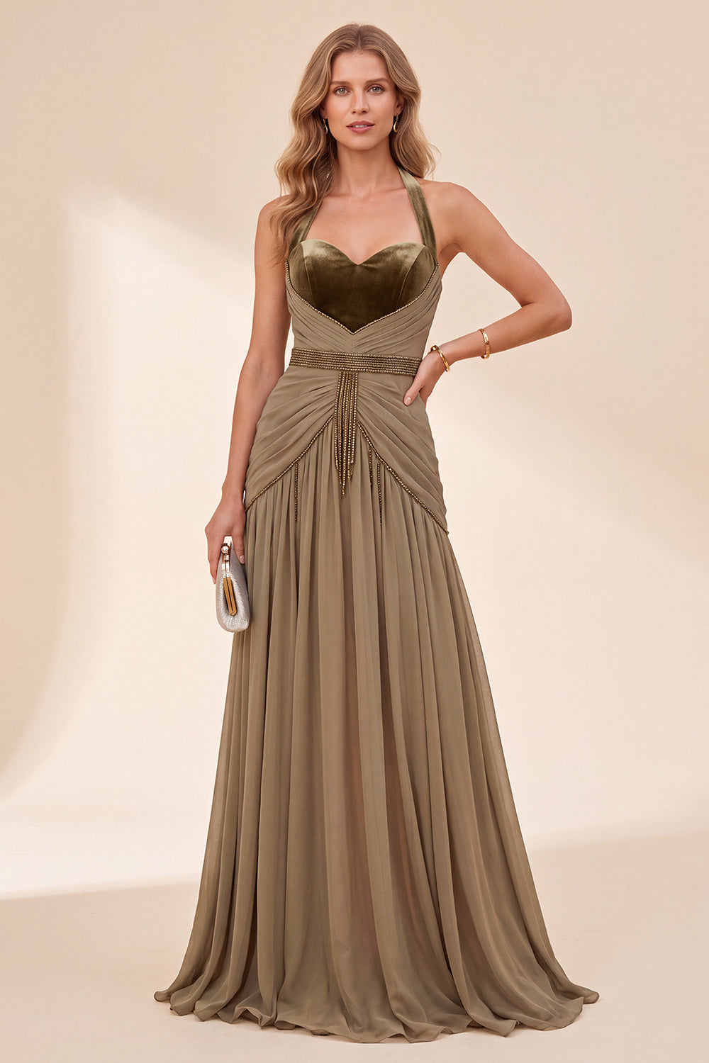 ZAPAKA Women Khaki Wedding Guest Dress with Beading Halter Neck A-Line