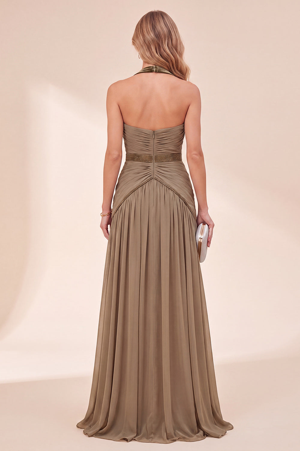 ZAPAKA Women Khaki Wedding Guest Dress with Beading Halter Neck A-Line