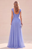 A-Line Blue Ruched Square Neck Maxi Dress with Ruffles