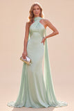 Mermaid Mint Green Satin Halter Neck Maxi Dress with Scarf