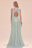 Mermaid Mint Green Satin Halter Neck Maxi Dress with Scarf