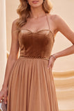 Khaki Halter Neck A-Line Maxi Dress with Beading