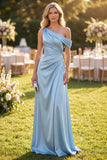 Sky Blue One Shoulder A-Line Satin Ruched Maxi Dress