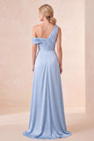 Sky Blue One Shoulder A-Line Satin Ruched Maxi Dress