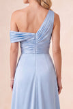 Sky Blue One Shoulder A-Line Satin Ruched Maxi Dress
