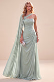 Mint Green One Shoulder A-Line Chiffon Ruched Maxi Dress with Cape