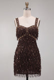 Brown Bodycon Sequins Fringed Short Homecoming Dress with Pearls