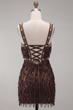 Brown Bodycon Sequins Fringed Short Homecoming Dress with Pearls