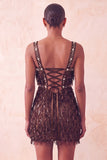 Brown Bodycon Sequins Fringed Short Homecoming Dress with Pearls