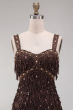 Brown Bodycon Sequins Fringed Short Homecoming Dress with Pearls