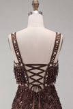 Brown Bodycon Sequins Fringed Short Homecoming Dress with Pearls