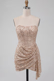 Sparkly Champagne Strapless Bodycon Sequins Corset Short Homecoming Dress with Sash